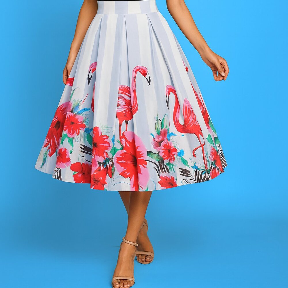 🦩 Flamingo Floral A-Line Midi Skirt – High Waist  Pleated  Tropical Print  XL